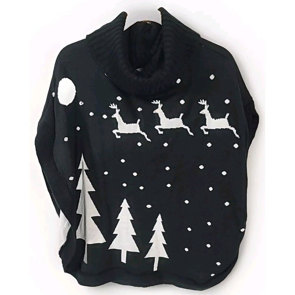 Accessory Street NY Poncho 1 Size Black Light Up Reindeer White Christmas Trees